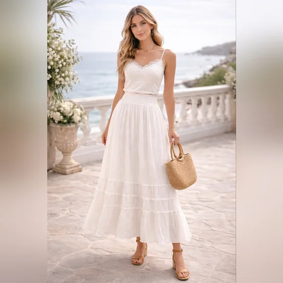 Lulus Sunny Baby White Smocked Tiered High-Waisted Midi Skirt - Large | NWT - Picture 3 of 7